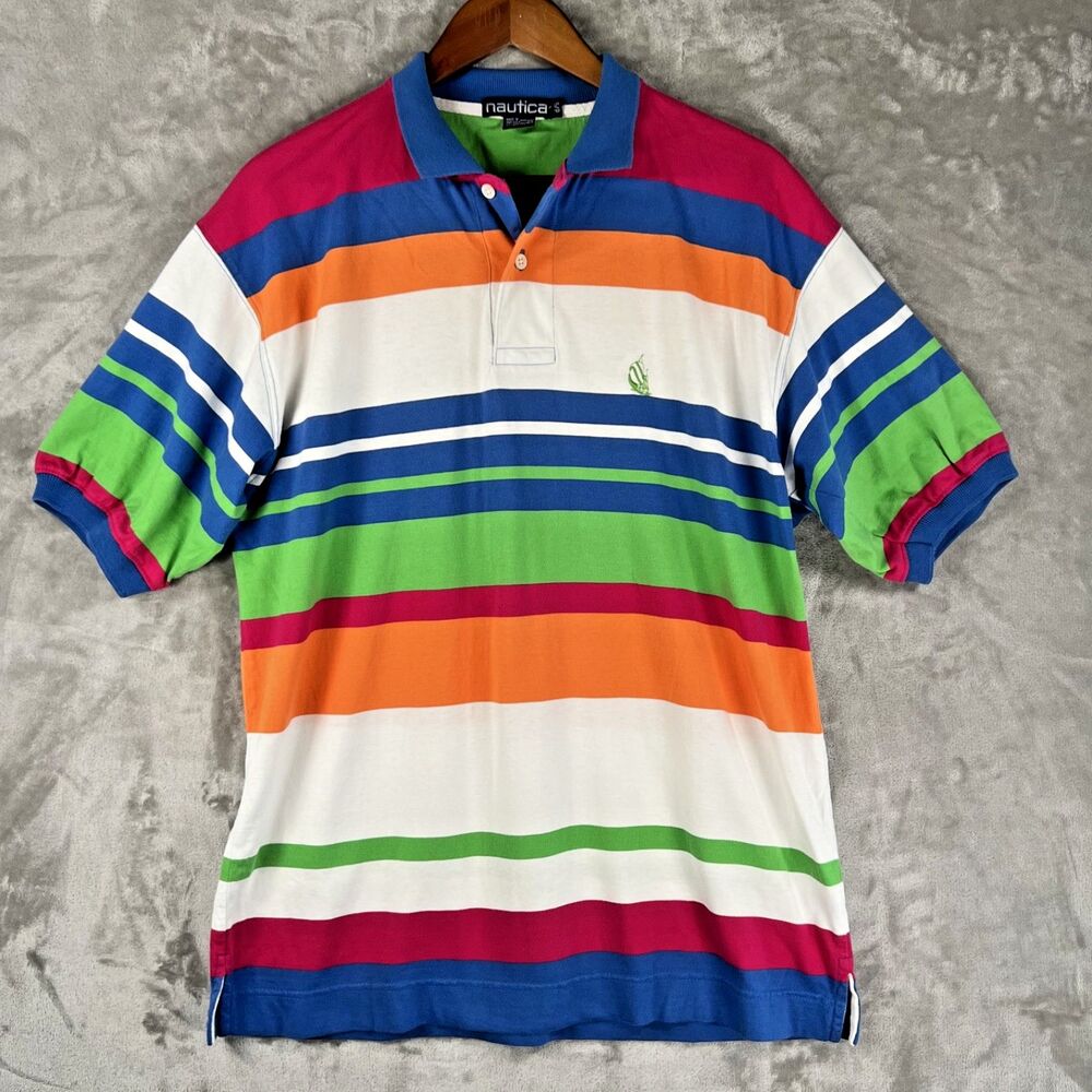 Vintage 90s Nautica Men’s Small Multicolor Striped Polo Shirt Made in Hong Kong